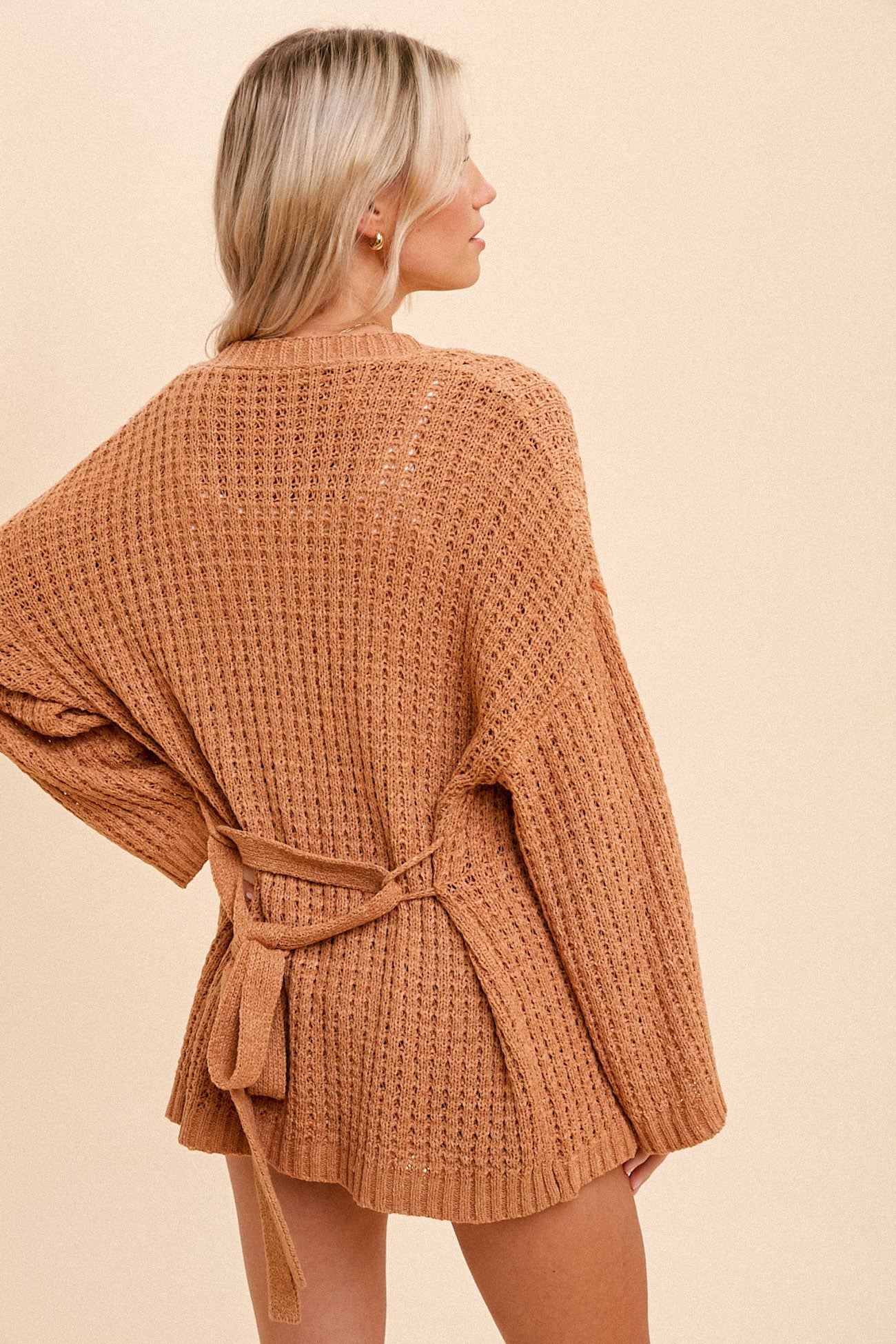 Crochet Weave Belted Kimono Cardigan