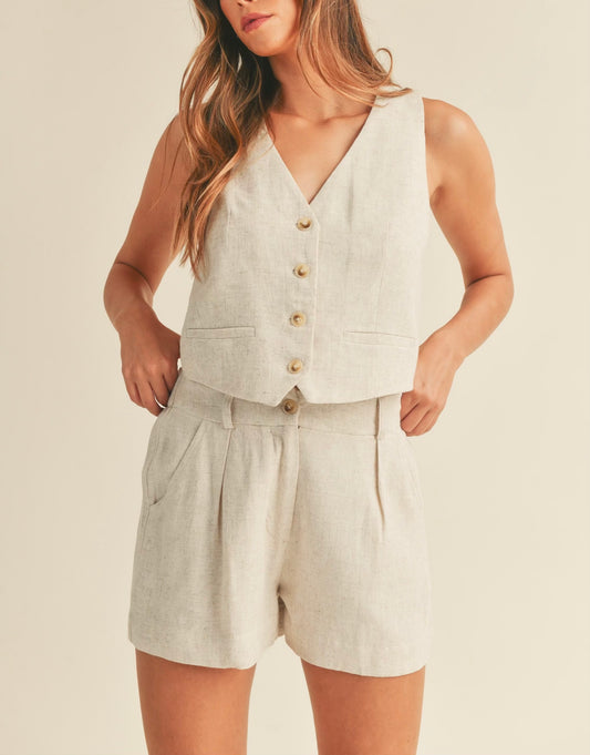 Linen Mix Button Down Vest and Shorts Set