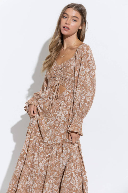 Cinch Tie Cut Out Tiered Slit Ruffle Maxi Dress