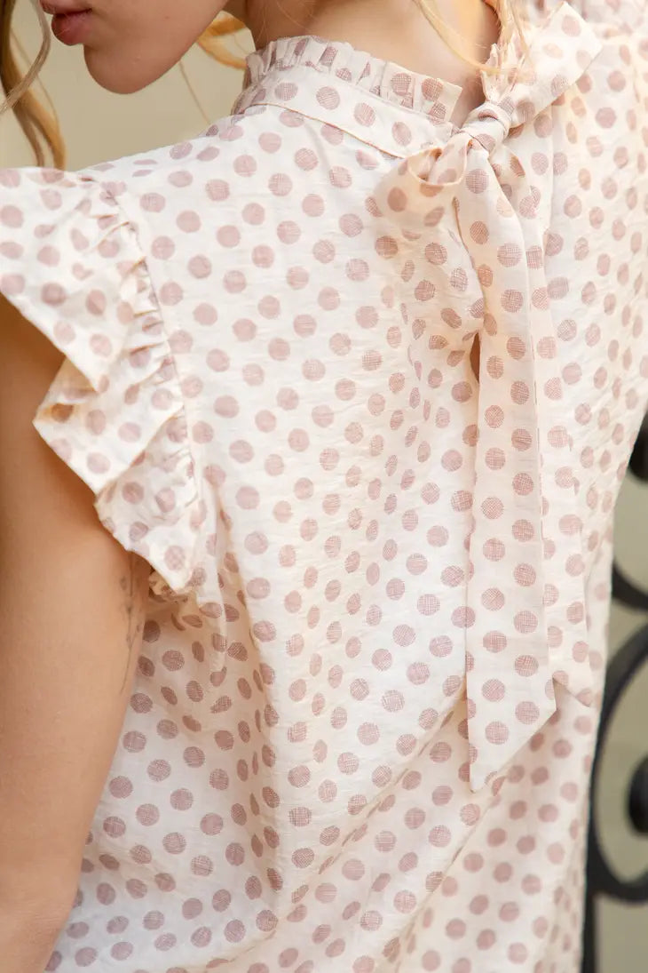 Ruffle Sleeve Tie Back Polka Dot Blouse