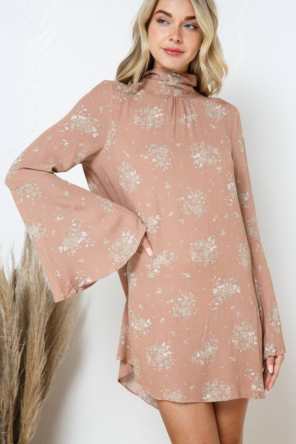 Floral Bell Mock Neck Back Open Tie Neck Mini Dress - Stylish and Chic | Shop Now Small Floral Bell Mock Neck Back Open Tie Neck Mini Dress - Stylish and Chic | Shop Now Small