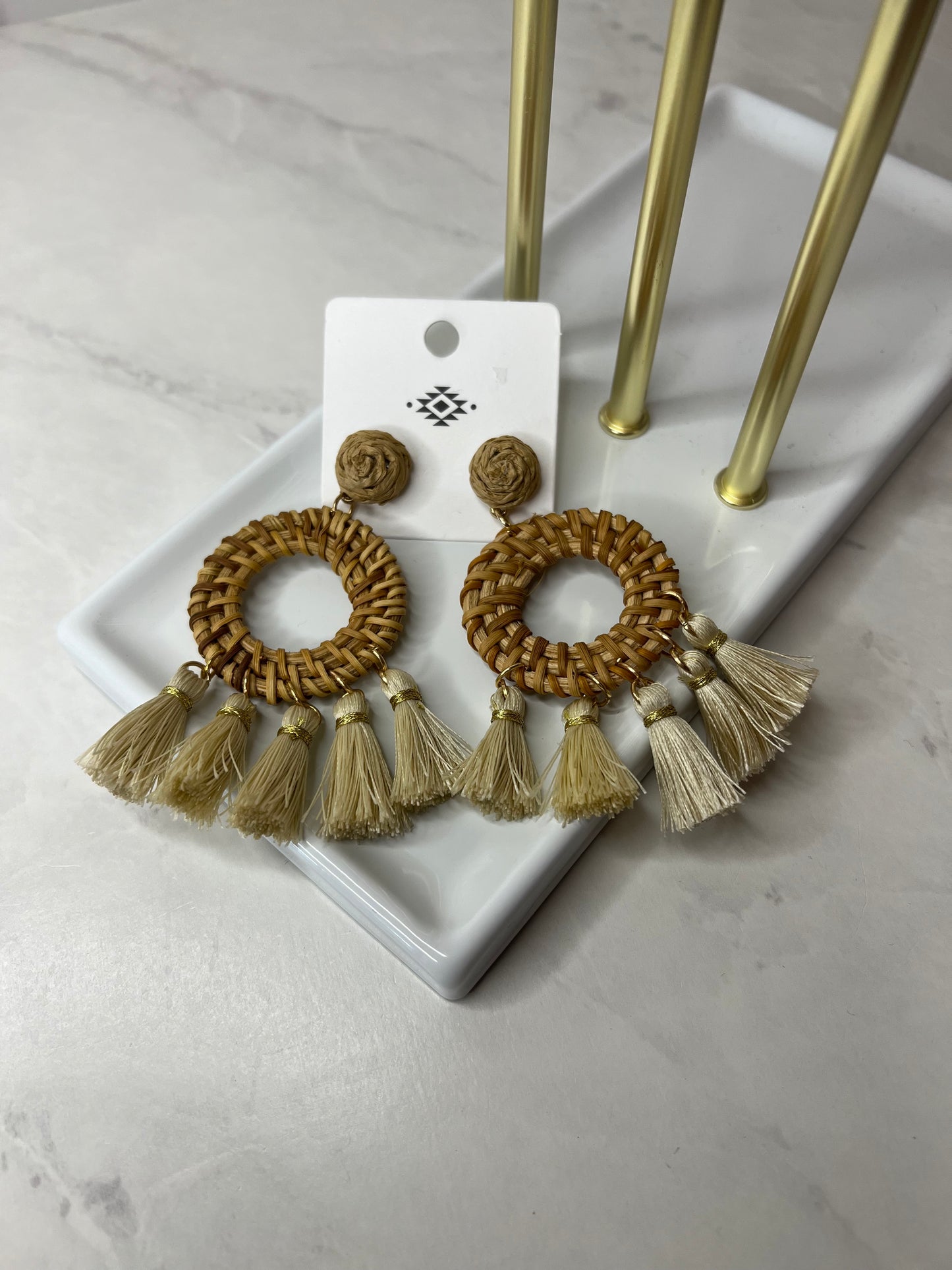 Woven Straw Circle Earrings w/ Colored Tassels