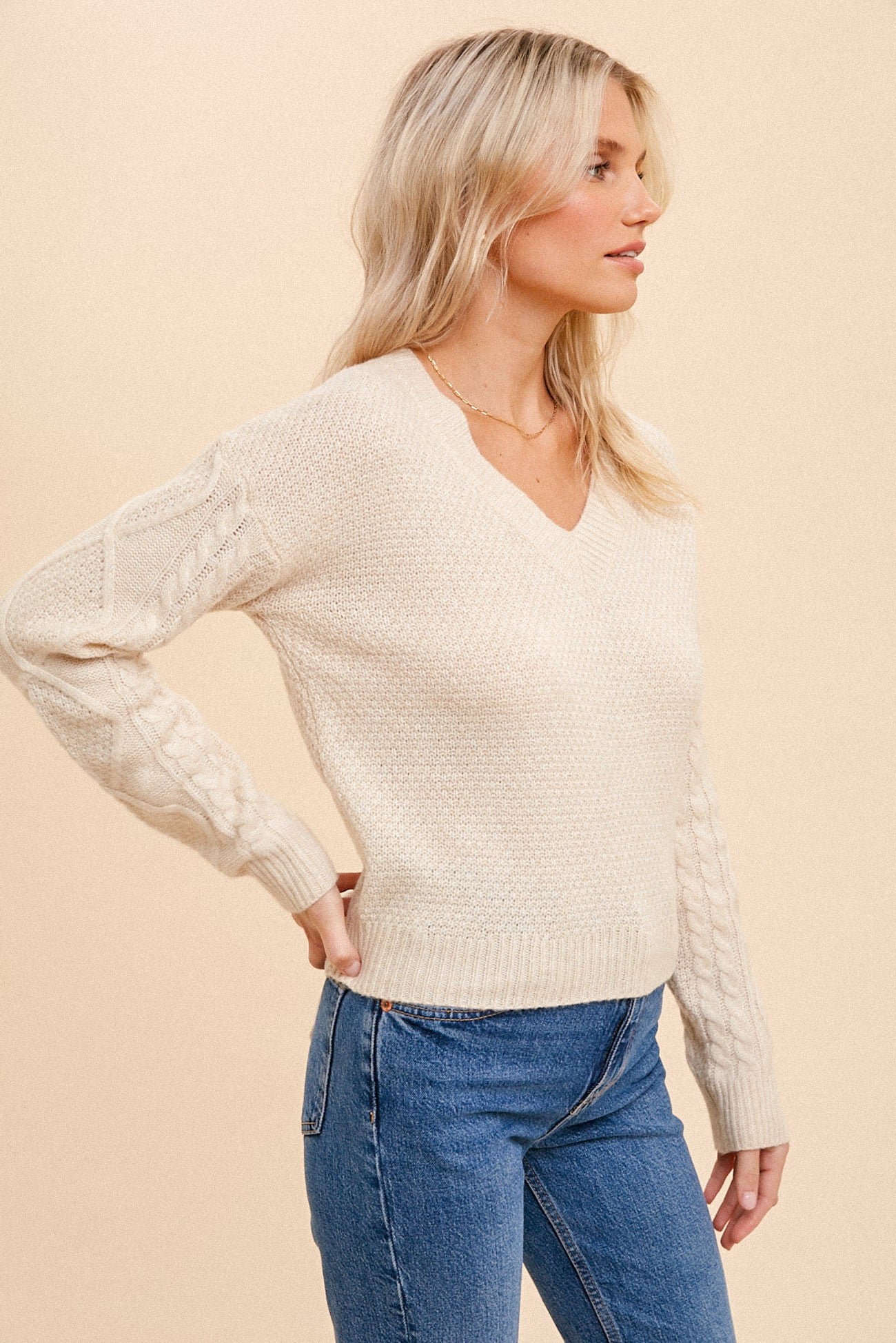 V Neck Cable Knit Sleeve Back Tie Sweater