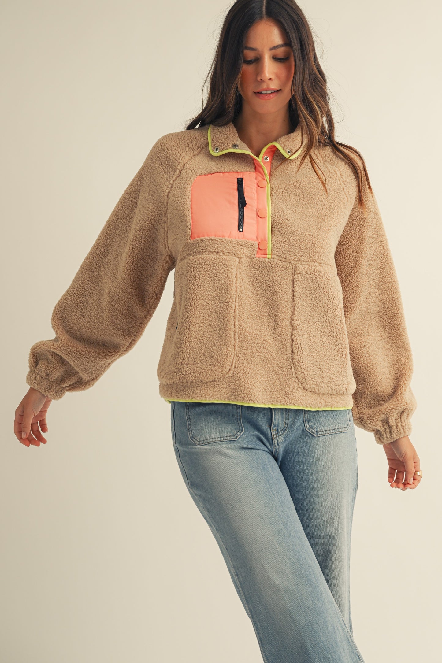 Fleece Daily Colorblock Button Pullover