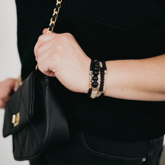 Wooden Black Bead and Stone Bracelet