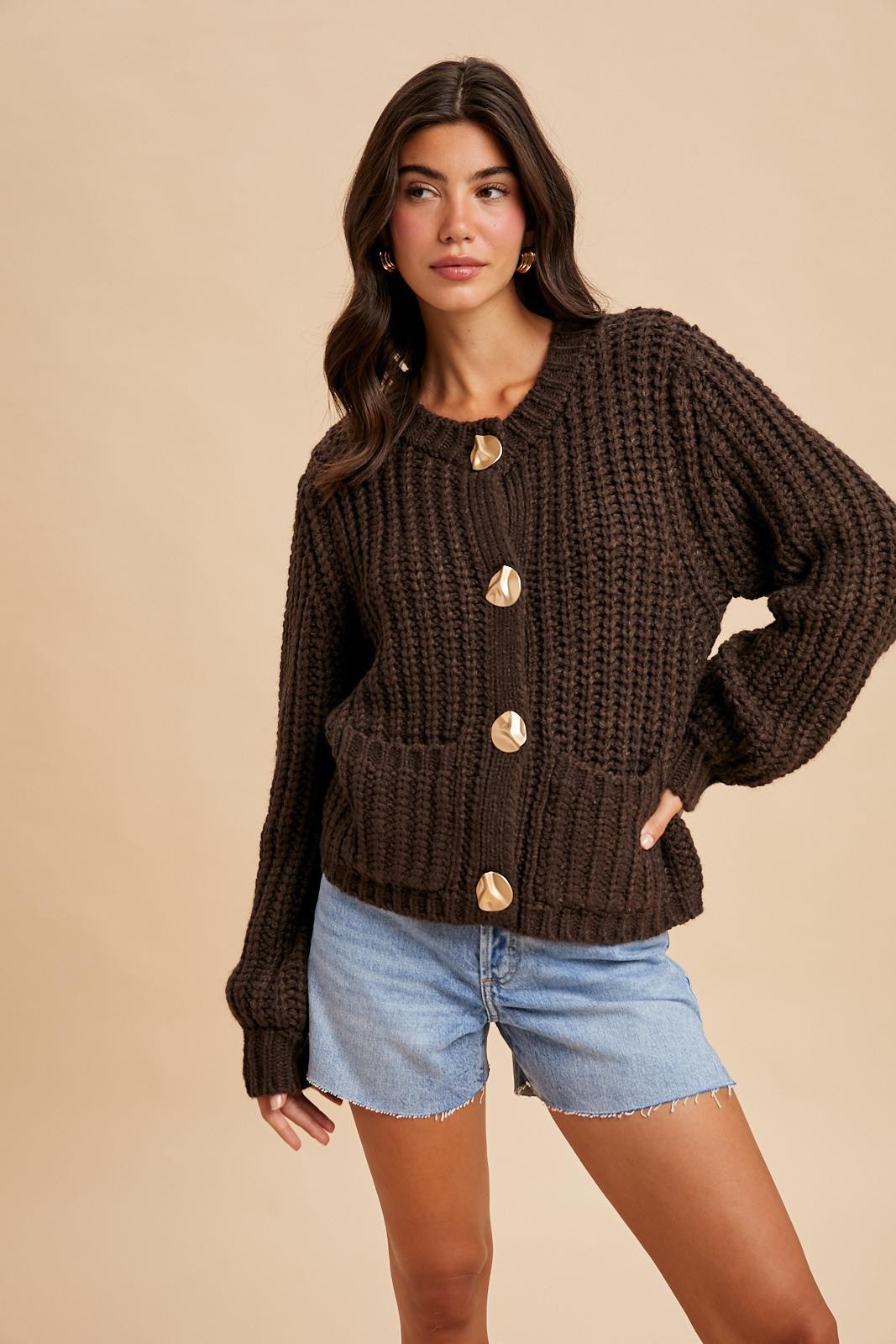 Chunky Statement Button Cable Knit Cardigan