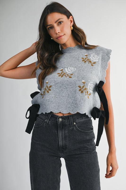 Embroidered Knit Scalloped  Vest with Side Bow