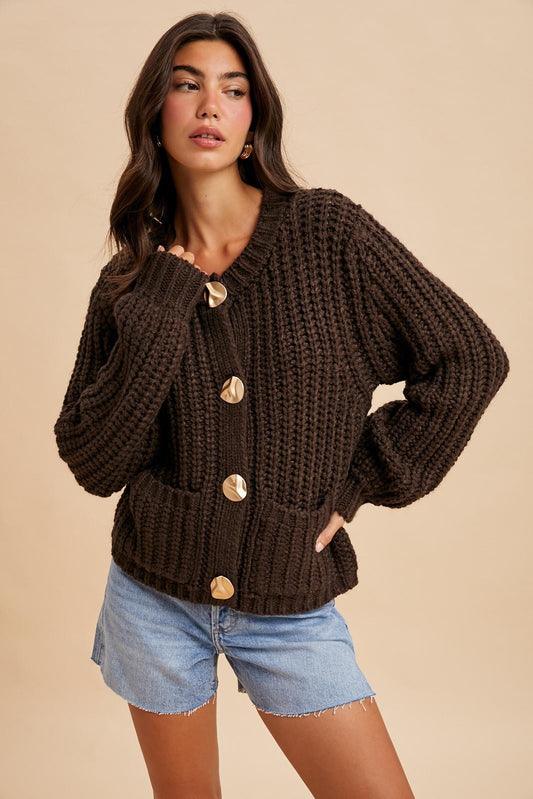 Chunky Statement Button Cable Knit Cardigan