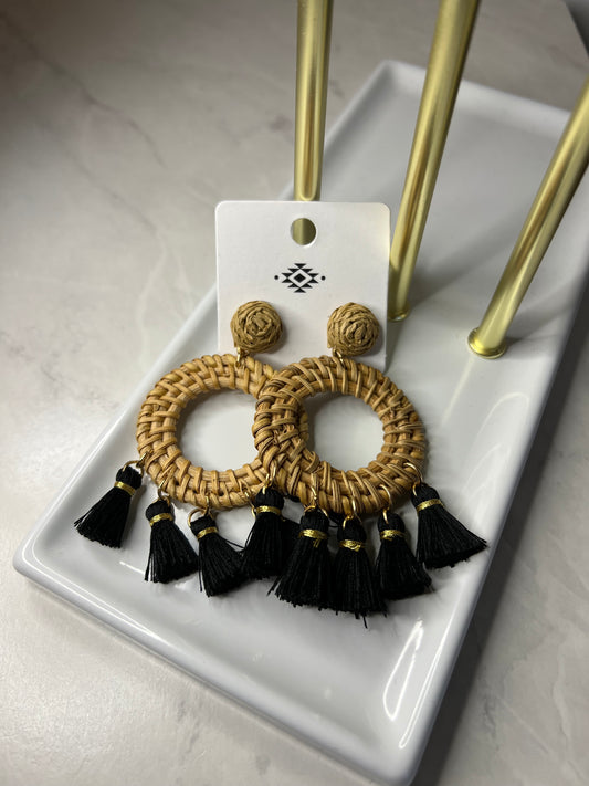 Woven Straw Circle Earrings w/ Colored Tassels