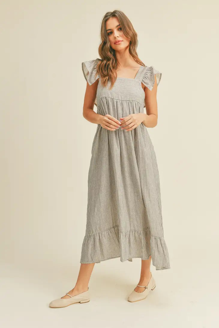 Striped Gauze Long Dress w/ Ruffled Sleeves