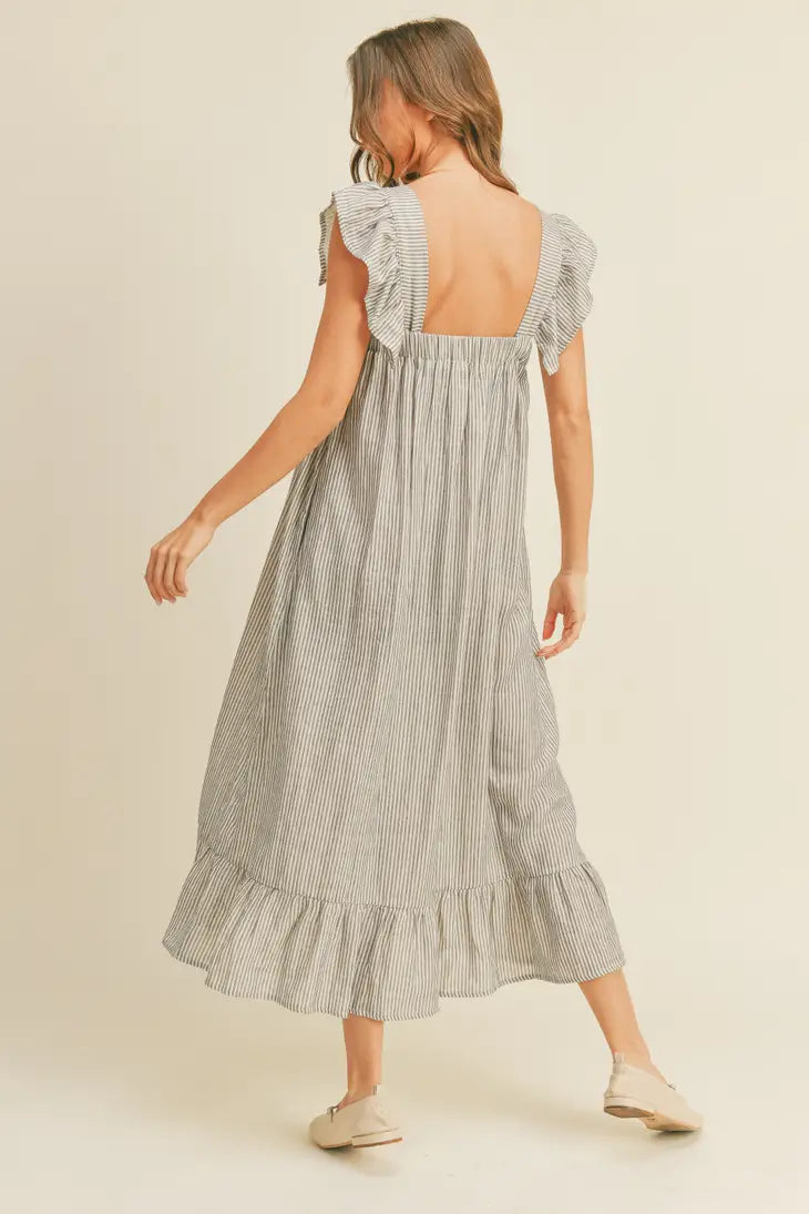 Striped Gauze Long Dress w/ Ruffled Sleeves